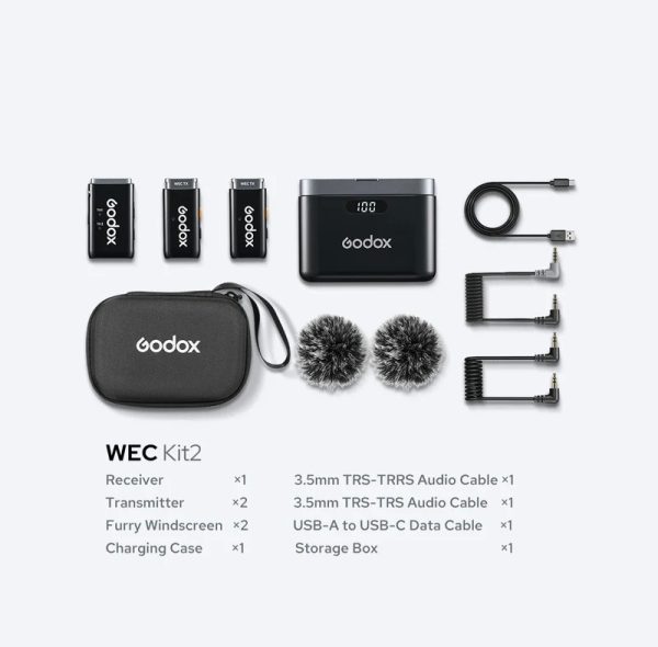 Godox WEC Kit 2 je bezicni sistem mikrofona za 2 osobe. Koristi dva transmitera sa ugradjenim mikrofonima i dual-channel risiver sa 3.5mm TRS konektorom