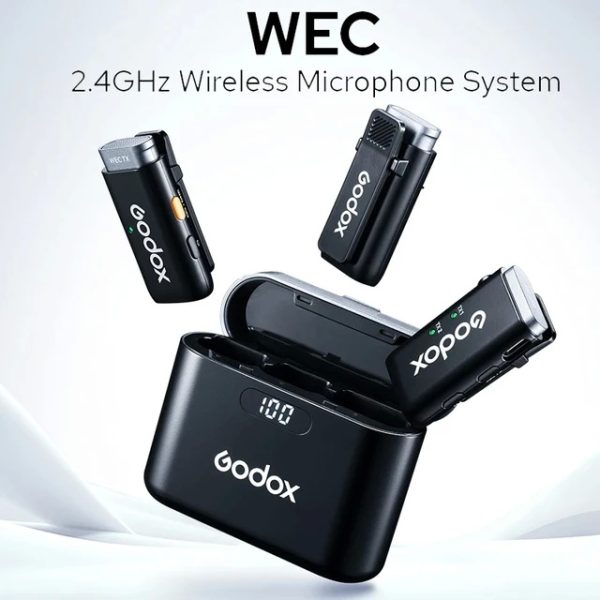 Godox WEC Kit 2 je bezicni sistem mikrofona za 2 osobe. Koristi dva transmitera sa ugradjenim mikrofonima i dual-channel risiver sa 3.5mm TRS konektorom